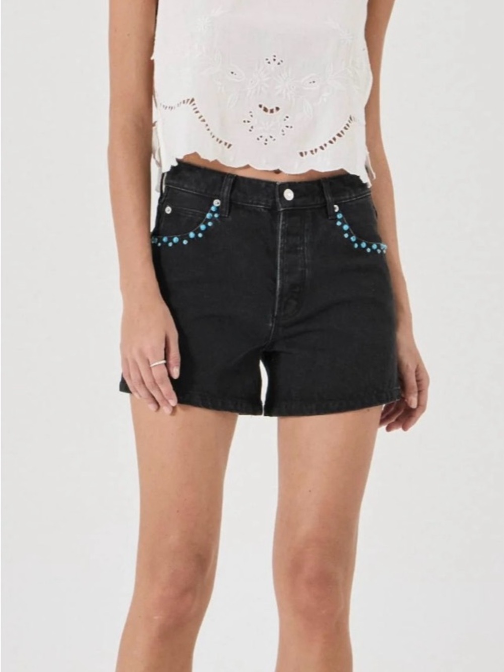 ROLLA'S Black Denim Shorts with Turquoise Bead Accent